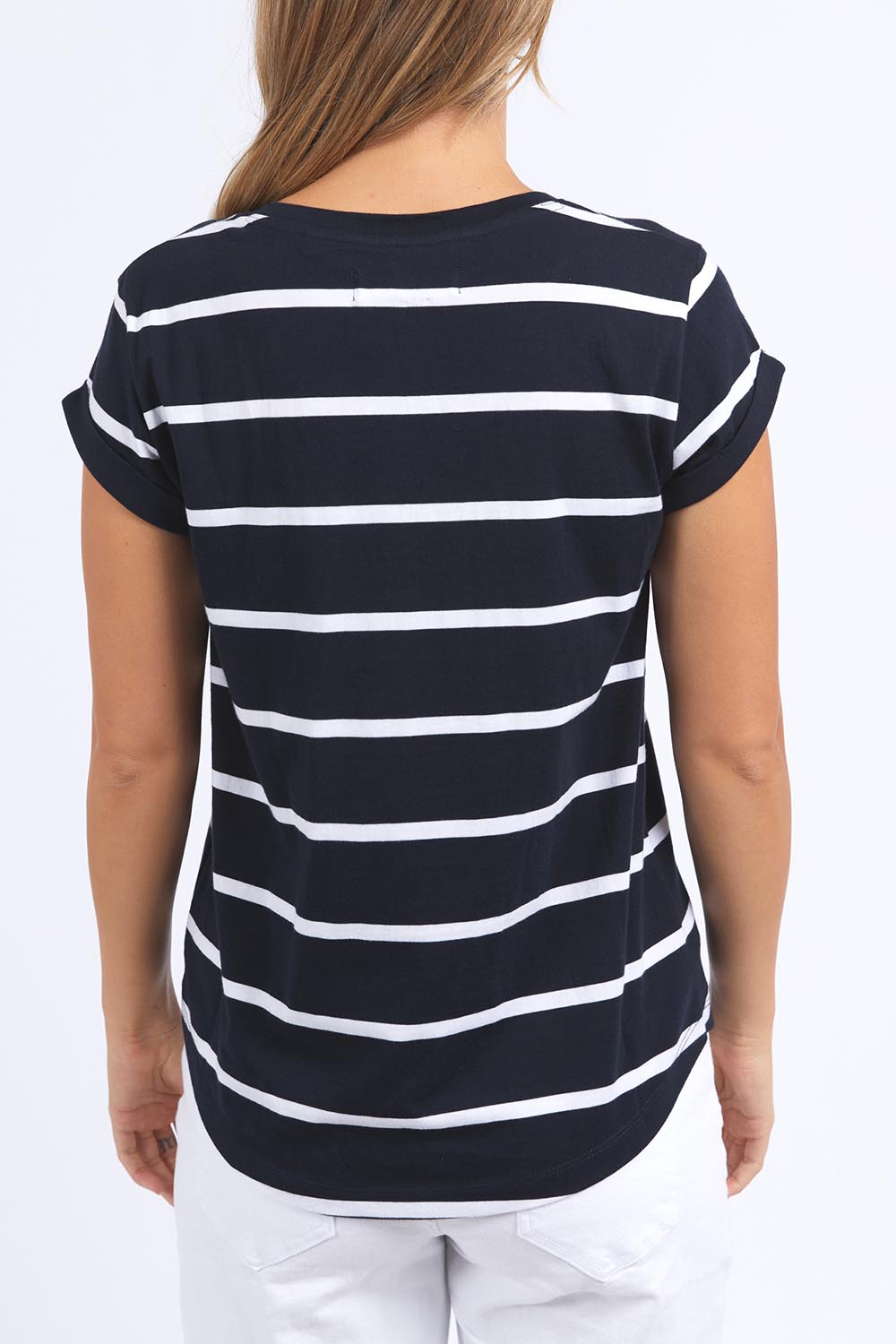 A model wearing the Elements Manly Stripe Vee Cotton Tee in colour Dksappwhit (Blue), from the back