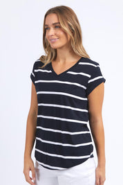 A model wearing the Elements Manly Stripe Vee Cotton Tee in colour Dksappwhit (Blue), from the front, cropped image