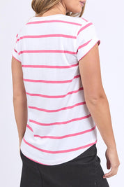 A model wearing the Elements Manly Stripe Vee Cotton Tee in colour Pinkwhite (Pink), from the back