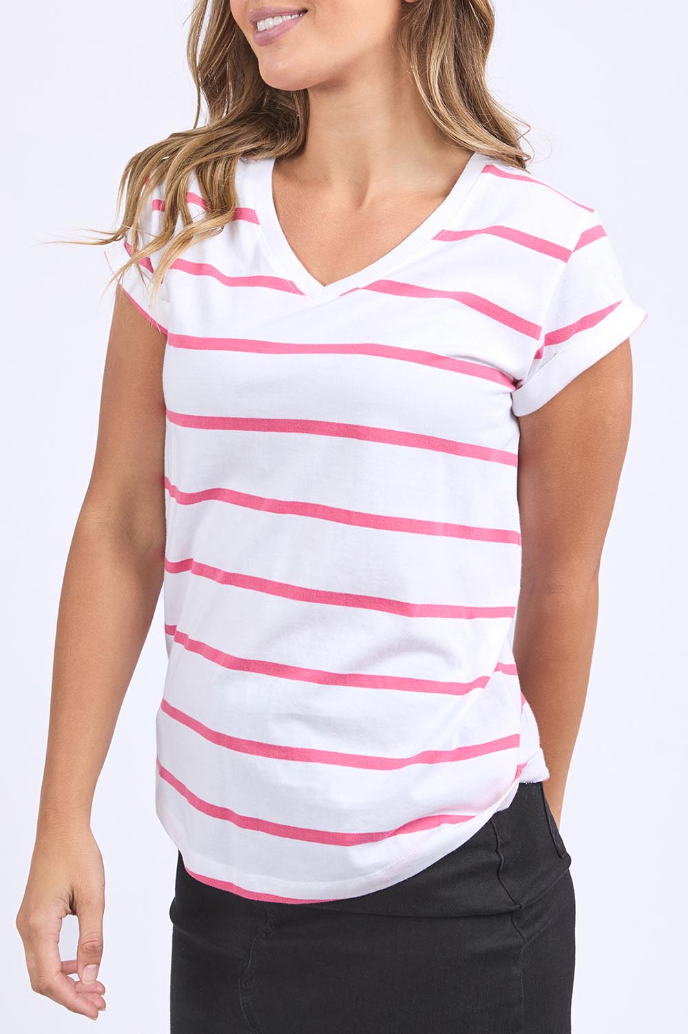 A model wearing the Elements Manly Stripe Vee Cotton Tee in colour Pinkwhite (Pink), from the front, cropped image