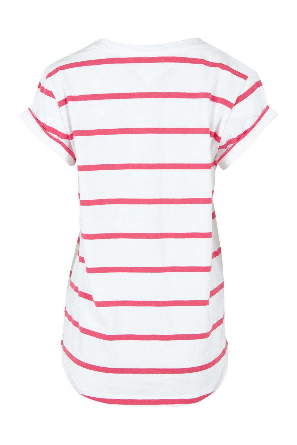 Product shot of the Elements Manly Stripe Vee Cotton Tee in colour Pinkwhite (Pink), from the back
