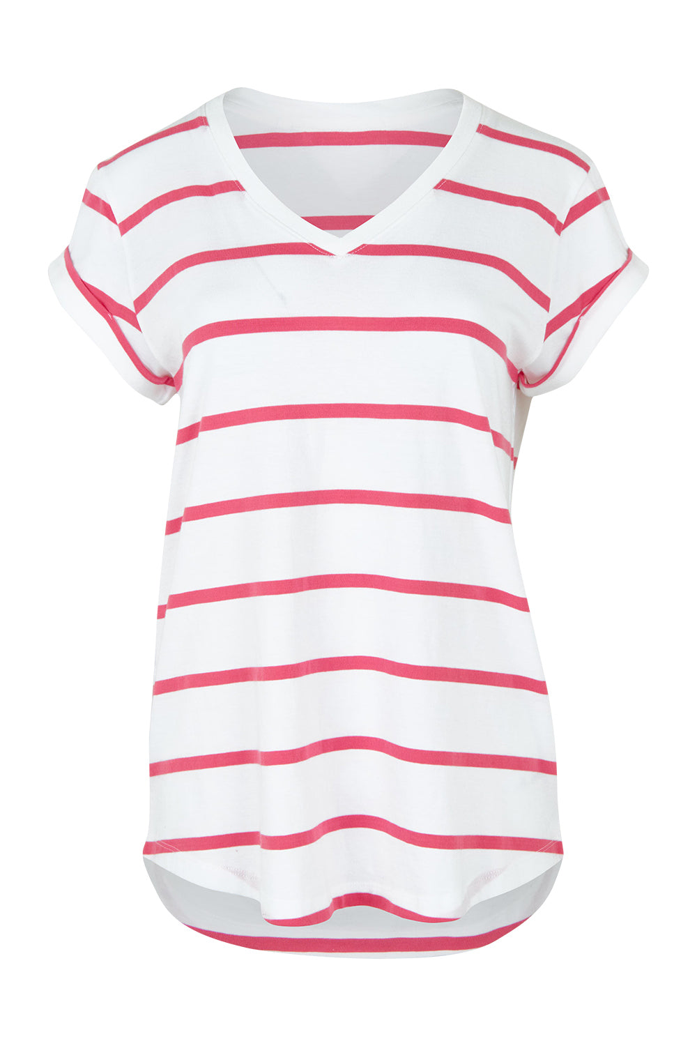 Product shot of the Elements Manly Stripe Vee Cotton Tee in colour Pinkwhite (Pink), from the front