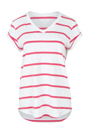 Product shot of the Elements Manly Stripe Vee Cotton Tee in colour Pinkwhite (Pink), from the front