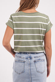 A model wearing the Elements Manly Stripe Vee Cotton Tee in colour Sagewhite (Green), from the back