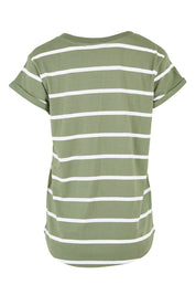 Product shot of the Elements Manly Stripe Vee Cotton Tee in colour Sagewhite (Green), from the back