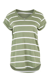 Product shot of the Elements Manly Stripe Vee Cotton Tee in colour Sagewhite (Green), from the front