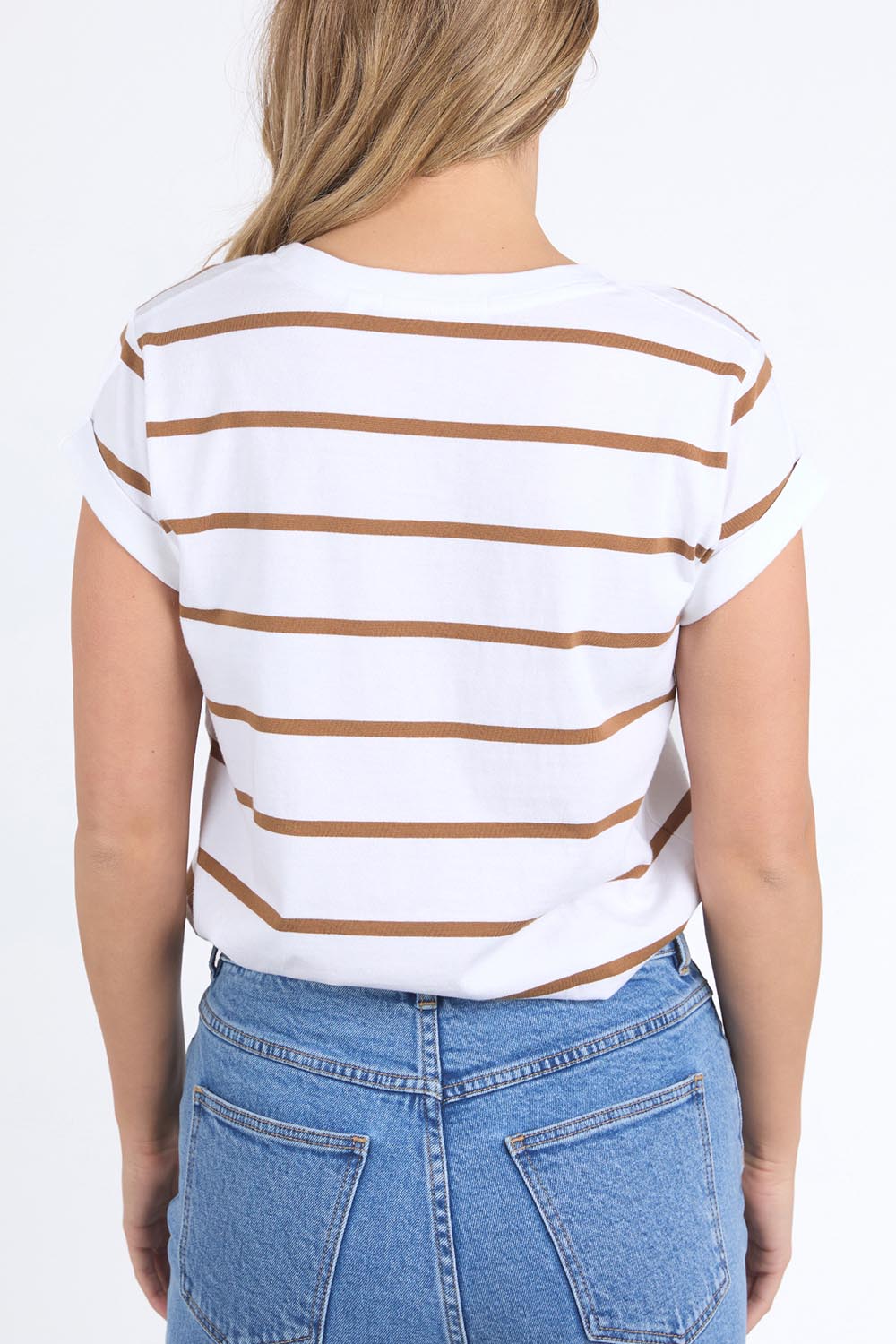 A model wearing the Elements Manly Stripe Vee Cotton Tee in colour Whcoconut (White), from the back