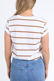 A model wearing the Elements Manly Stripe Vee Cotton Tee in colour Whcoconut (White), from the back