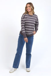 A model wearing the Elements Farrah Stripe Cotton Long Sleeve in colour Irongrywhi (Grey), from the front, showing the whole outfit