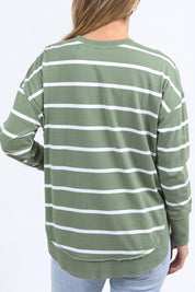 A model wearing the Elements Farrah Stripe Cotton Long Sleeve in colour Sagewhite (Green), from the back