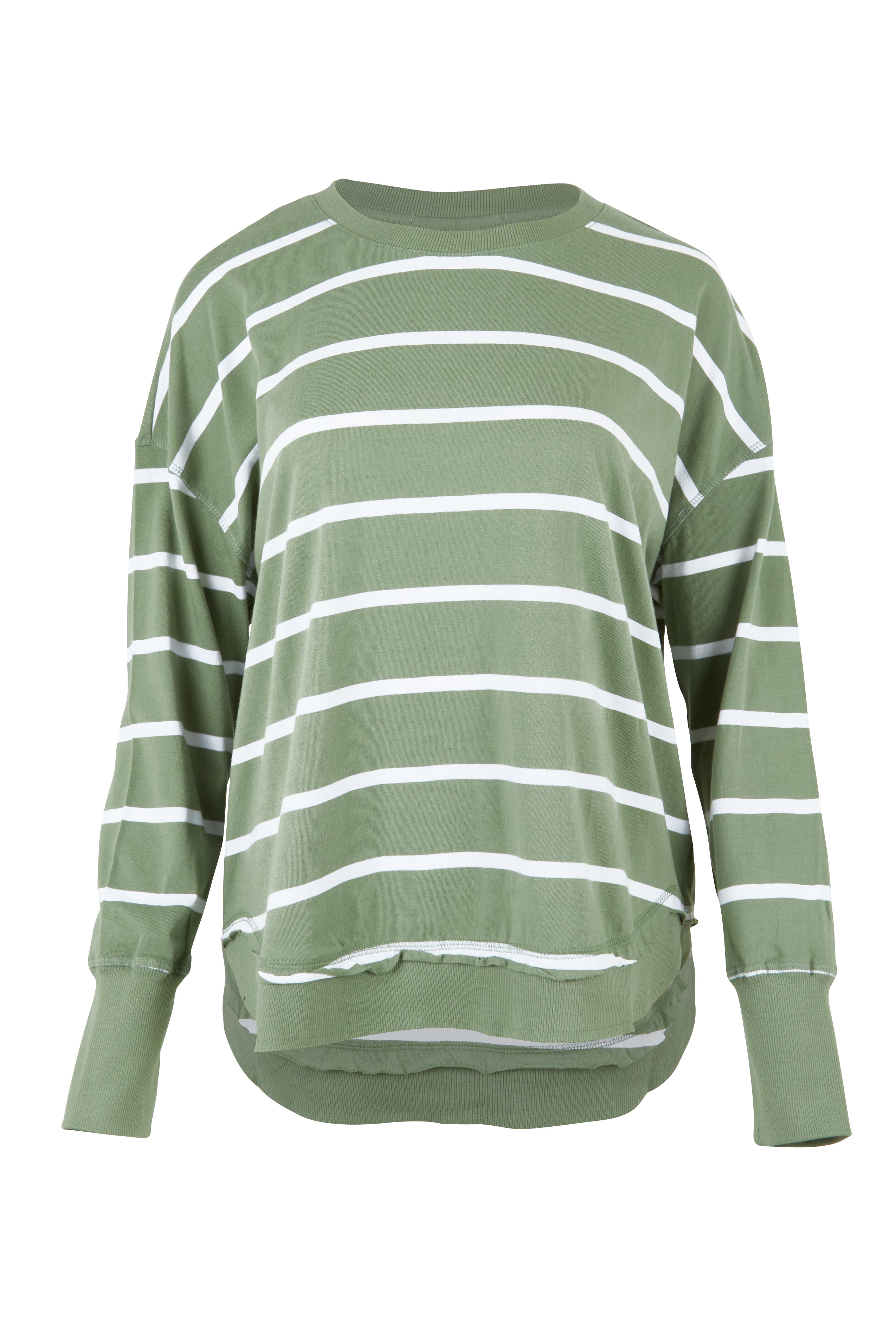 Product shot of the Elements Farrah Stripe Cotton Long Sleeve in colour Sagewhite (Green), from the front