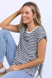A model wearing the Elements Signature Stripe Cotton Tee in colour Navywhite (Blue), from the front, cropped image