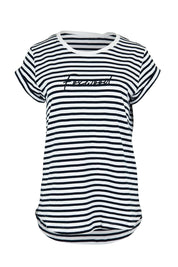 Product shot of the Elements Signature Stripe Cotton Tee in colour Navywhite (Blue), from the front