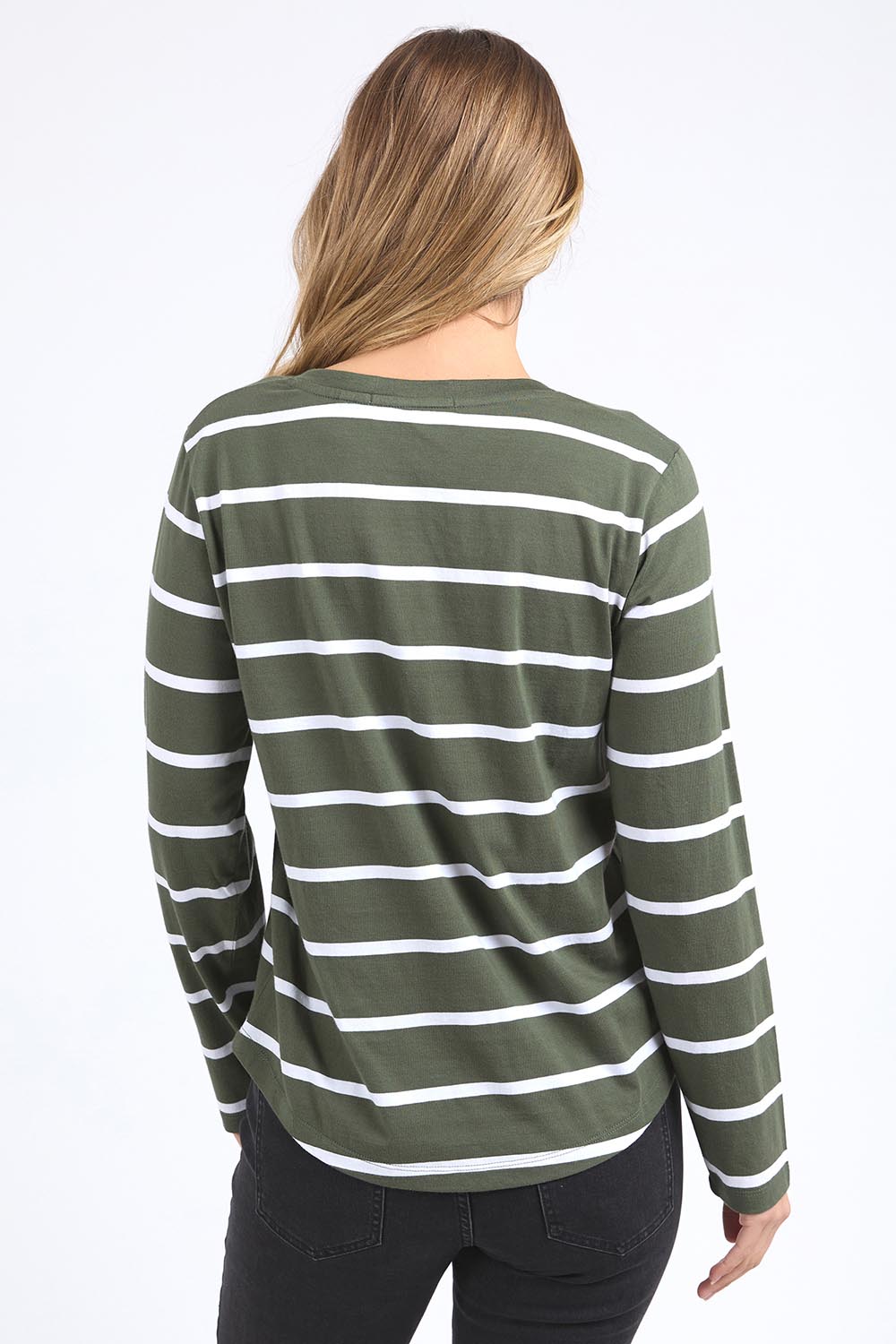A model wearing the Elements Manly Vee Stripe Cotton Long Sleeve in colour Khakiwhit (Green), from the back