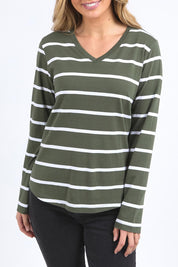 A model wearing the Elements Manly Vee Stripe Cotton Long Sleeve in colour Khakiwhit (Green), from the front, cropped image