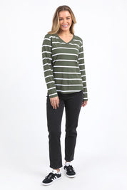 A model wearing the Elements Manly Vee Stripe Cotton Long Sleeve in colour Khakiwhit (Green), from the front, showing the whole outfit
