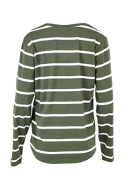 Product shot of the Elements Manly Vee Stripe Cotton Long Sleeve in colour Khakiwhit (Green), from the back