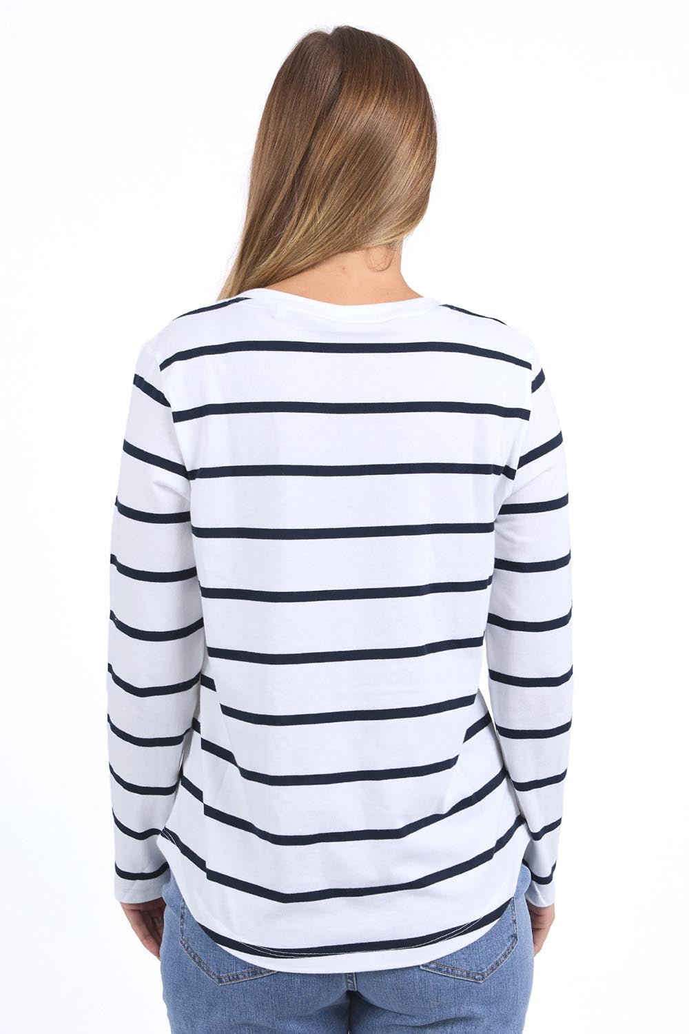 A model wearing the Elements Manly Vee Stripe Cotton Long Sleeve in colour Whitenavy (White), from the back