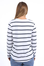 A model wearing the Elements Manly Vee Stripe Cotton Long Sleeve in colour Whitenavy (White), from the back