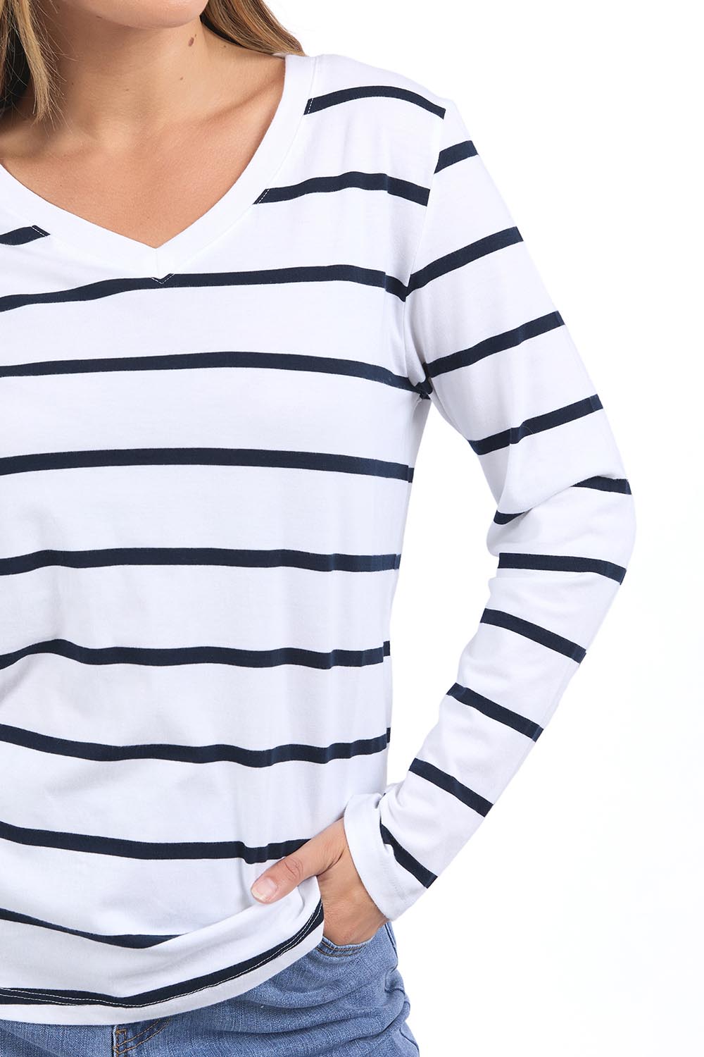 A model wearing the Elements Manly Vee Stripe Cotton Long Sleeve in colour Whitenavy (White), from the front, cropped image