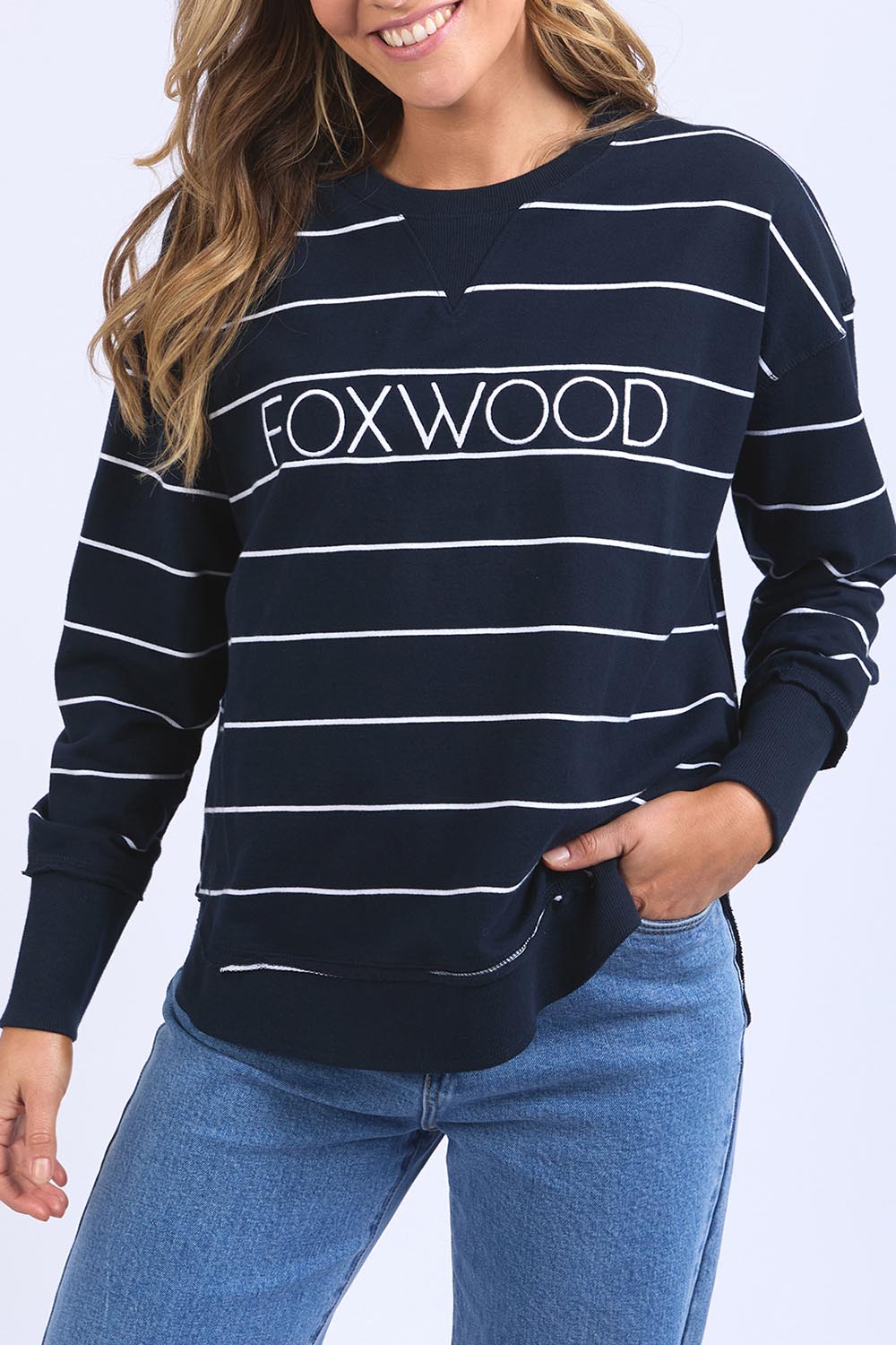A model wearing the Elements Classic Simplified Stripe Crew in colour Navystripe (Blue), from the front, cropped image
