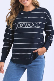 A model wearing the Elements Classic Simplified Stripe Crew in colour Navystripe (Blue), from the front, cropped image