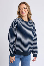 A model wearing the Elements Original Stripe Crew in colour Navywhite (Blue), from the front, cropped image