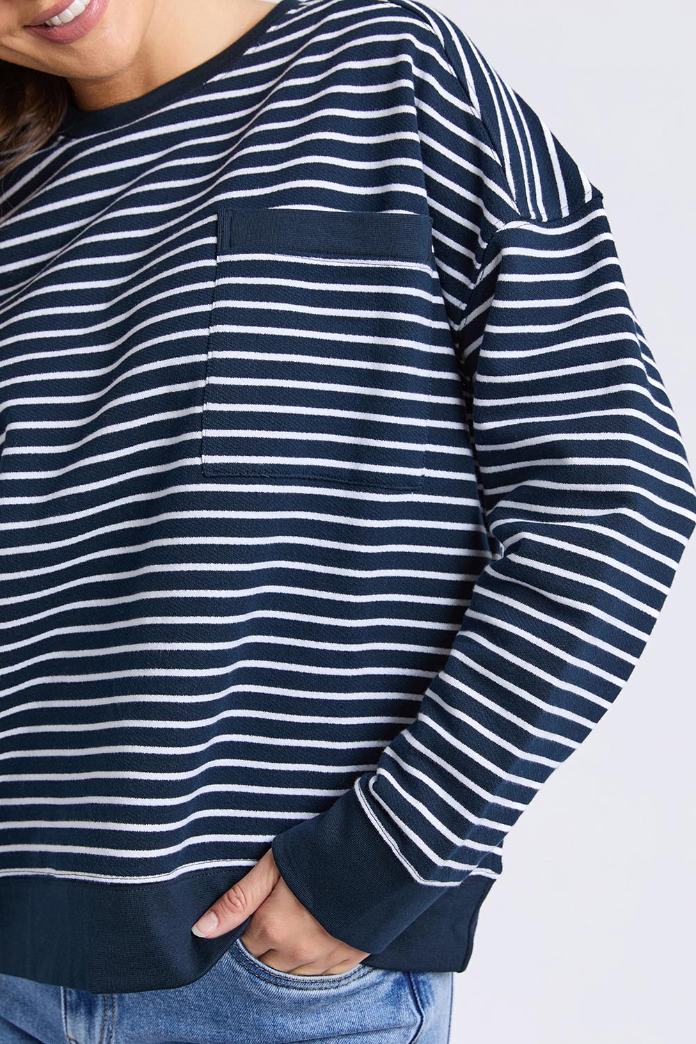 A model wearing the Elements Original Stripe Crew in colour Navywhite (Blue), from the front, cropped image