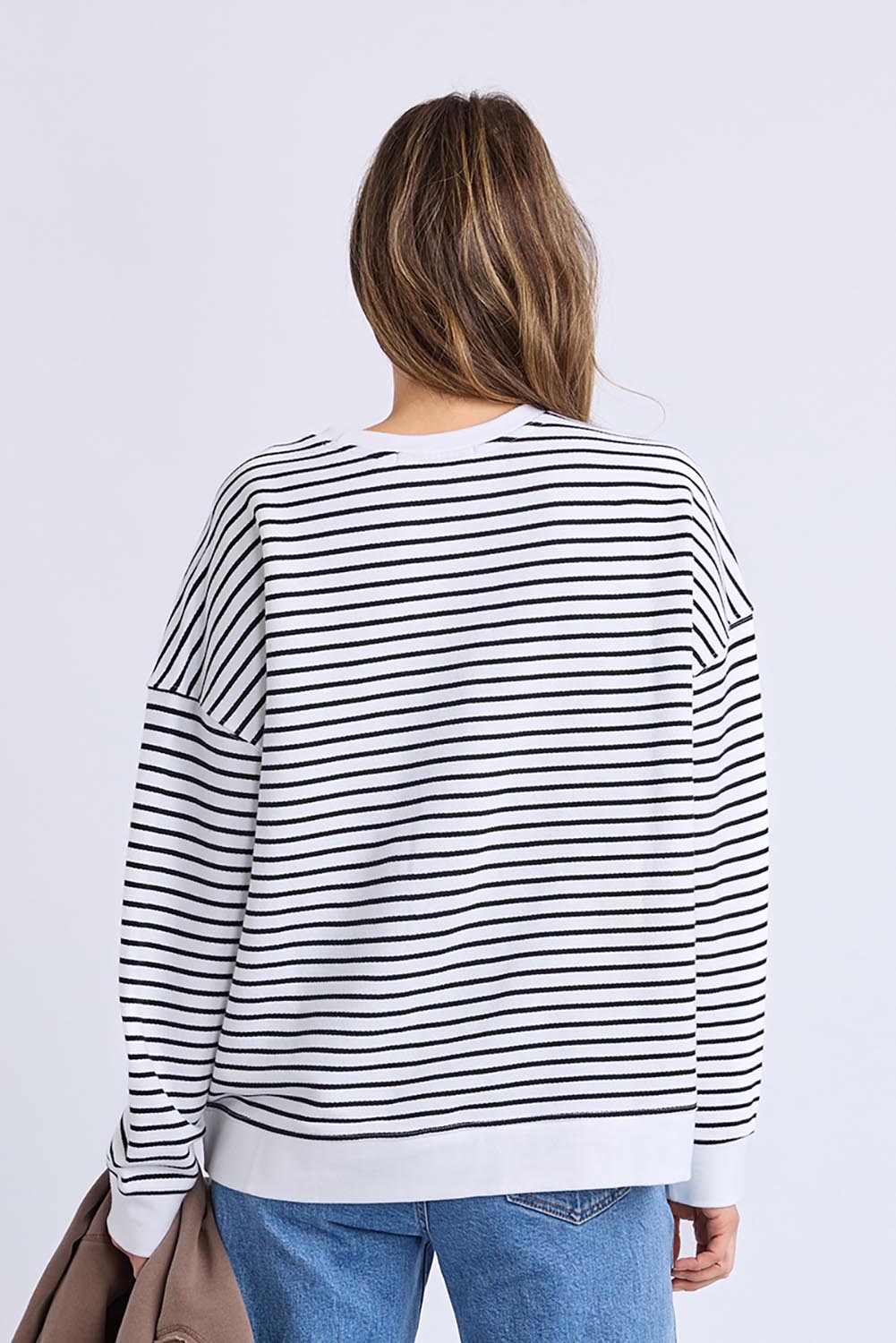 A model wearing the Elements Original Stripe Crew in colour Whiteblack (White), from the back