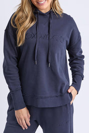 A model wearing the Elements Simplified Cotton Hoodie in colour Navy (Blue), from the front, cropped image
