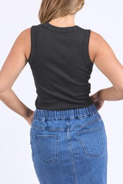 Model Genericm wearing size sample of the Elements Iris Rib Cotton Tank – Black in colour Black, from the back