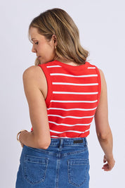 A model wearing the Elements Iris Cotton Tank in colour Tangwhite (Red), from the back