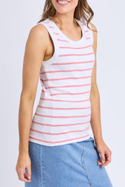 A model wearing the Elements Iris Cotton Tank in colour Whitepink (Pink), from the front, cropped image