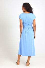 Model Pamelar wearing size 10 of the Elements Casey Cotton Dress – Cornflower in colour Cornflower, from the front