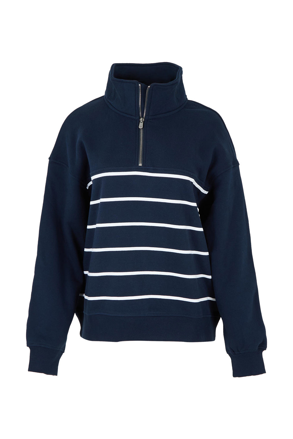 Product shot of the Elements Cotton College Zip Crew in colour Navystripe (Blue), from the front