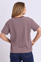 Model Genericm wearing size sample of the Elements Hutch Stripe Cotton Tee – Chocwhite in colour Chocwhite, from the back