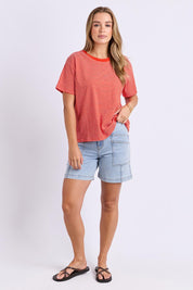 Model Genericm wearing size sample of the Elements Hutch Stripe Cotton Tee – Grenadine in colour Grenadine, from the front