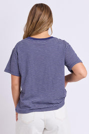 Model Genericm wearing size sample of the Elements Hutch Stripe Cotton Tee – Navywhite in colour Navywhite, from the back