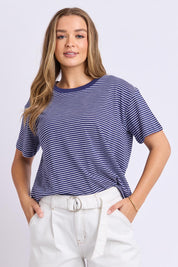 Model Genericm wearing size sample of the Elements Hutch Stripe Cotton Tee – Navywhite in colour Navywhite, in a cropped view