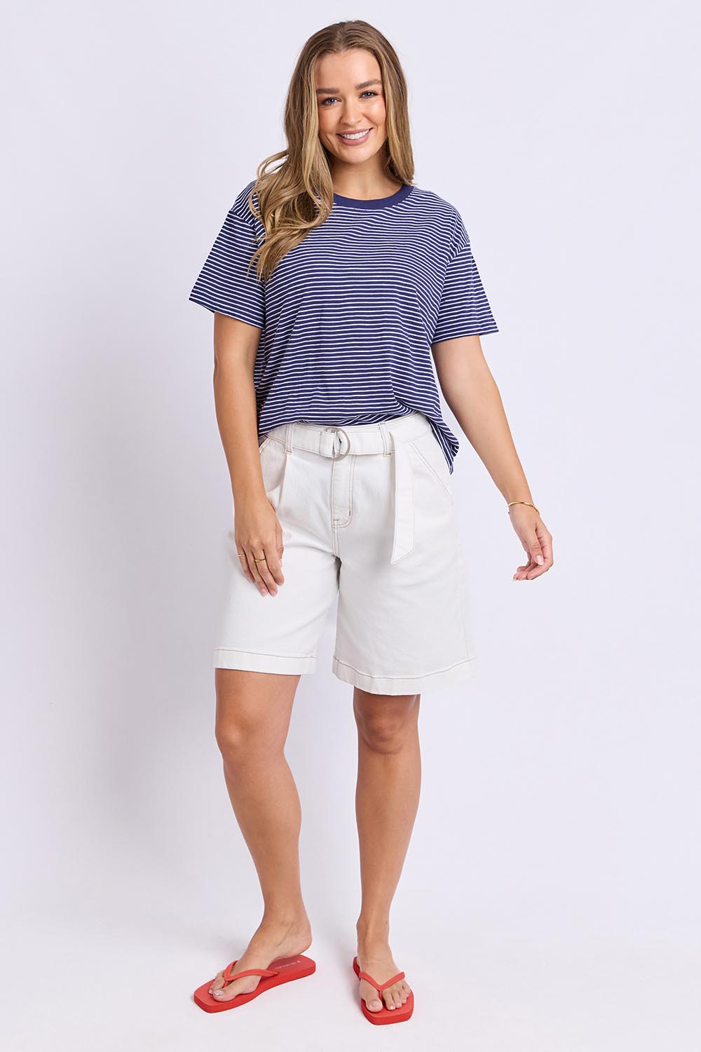 Model Genericm wearing size sample of the Elements Hutch Stripe Cotton Tee – Navywhite in colour Navywhite, from the front