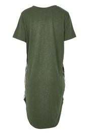 Product shot of the Elements Bay Tape Cotton Tee Dress in colour Khaki (Green), from the back