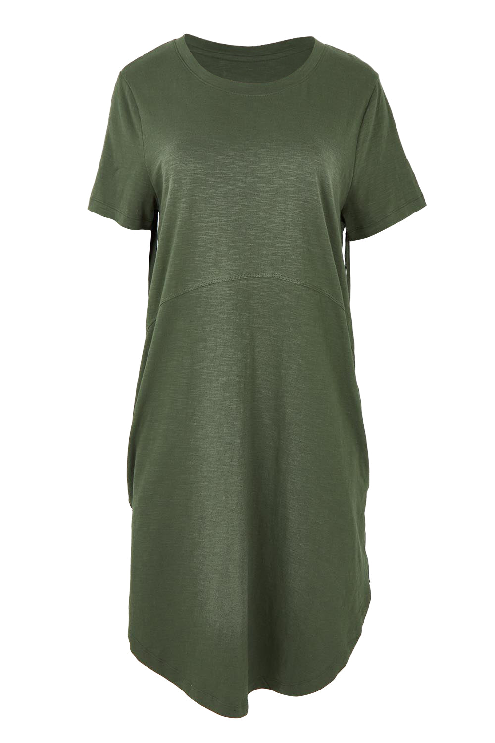 Product shot of the Elements Bay Tape Cotton Tee Dress in colour Khaki (Green), from the front