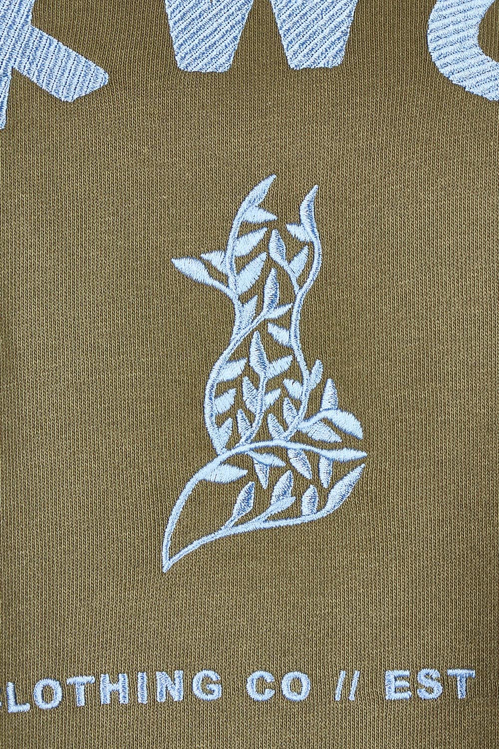 Product shot of the Elements Effortless Contrast Cotton Crew in colour Wintermoss (Green), detail