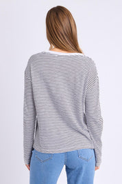 Model Genericm wearing size sample of the Elements Hutch Stripe Cotton Long Sleeve Tee - Whiteblack in colour Whiteblack, from the back