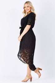 Model Jess wearing size 12 of the Maylou Tie Waist Maxi Dress in colour BlackAntiq (Black), from the front, showing the whole outfit