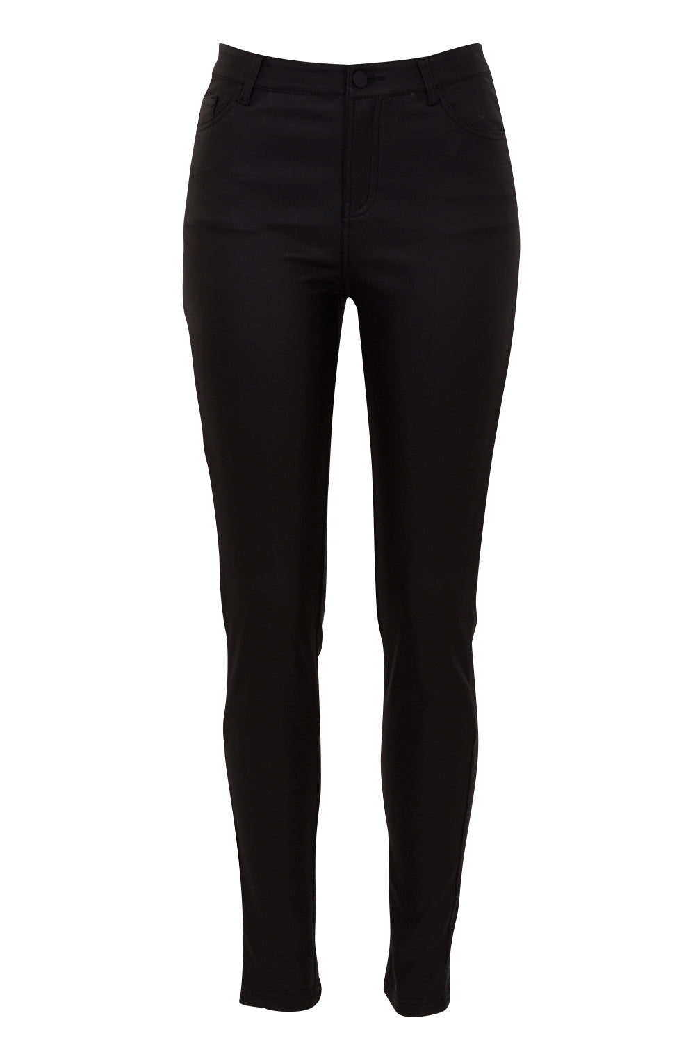 Product shot of the Ynez Essential Coated Pant in colour Black (Black), from the front
