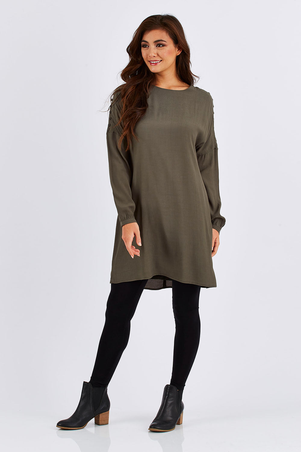 Model Chesska wearing size 10 of the Flora Buttoned Sleeve Dress in colour Khaki (Green), from the front, showing the whole outfit