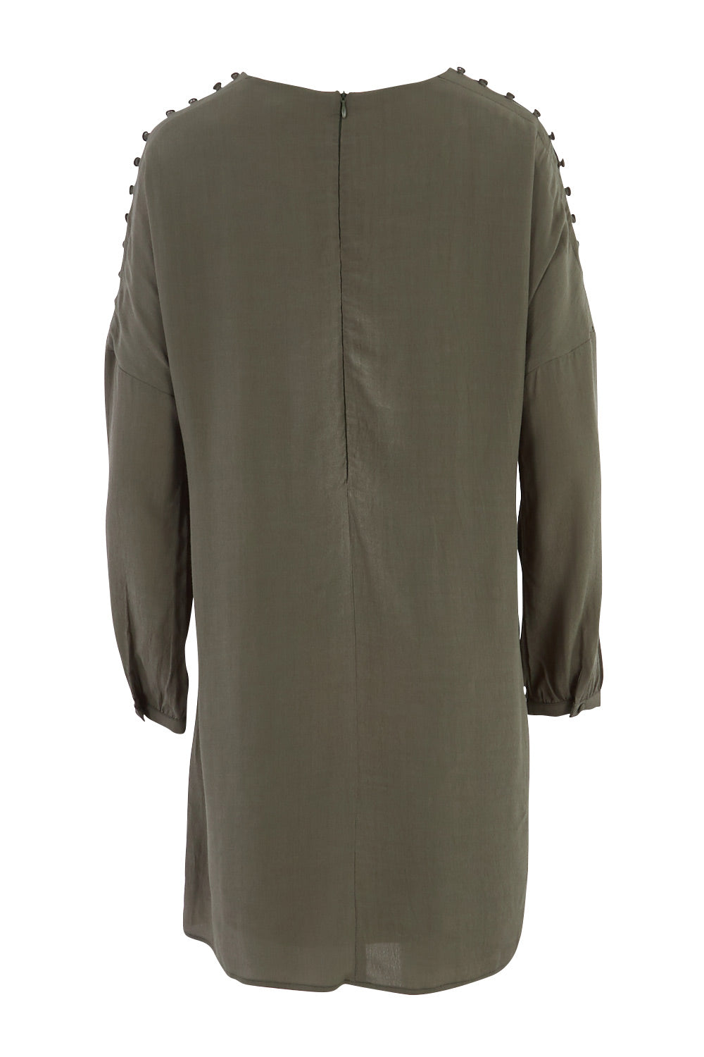 Product shot of the Flora Buttoned Sleeve Dress in colour Khaki (Green), from the back