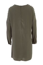 Product shot of the Flora Buttoned Sleeve Dress in colour Khaki (Green), from the back