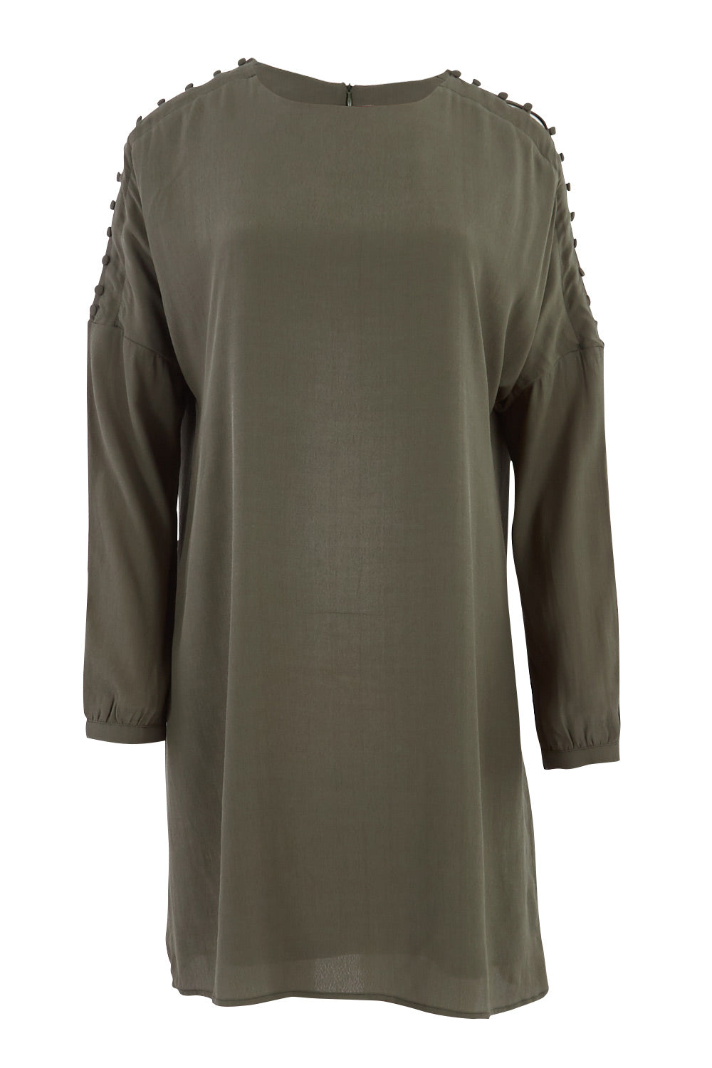Product shot of the Flora Buttoned Sleeve Dress in colour Khaki (Green), from the front
